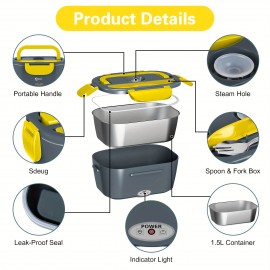 Electric Lunch Box Food Heater For Car And Home,12V/110V Portable Food Warmer Heating Container 2 In 1 Food-Grade Stainless Steel Food Container With Fork, Spoon And Carry Bag