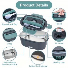 Electric Lunch Box  Food Heater 3 In 1 12/24/110-230V Portable Lunch Warmer Upgraded Leakproof Heated Lunch Box For Car/Truck/Office With SS Fork & Spoon And Insulated Carry Bag