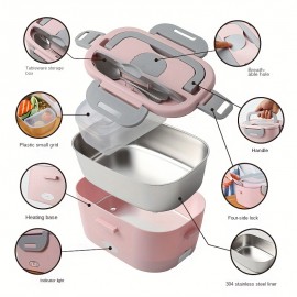 [US Plug] Portable Electric Heating Lunch Box, 2-in-1 Car/ Plug-in Household Insulation Heating Lunch Box, Stainless Steel Liner 50.72oz Heating Bento Box Electric Heating Lunch DPH-005Us