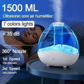 50.72oz Large Capacity Clear Water Tank Humidifier, 360 Degree Nozzle Portable Cool Mist USB 7 Colors Glow-in-the-Dark Ultrasonic H2o Air Humidifier Aromather